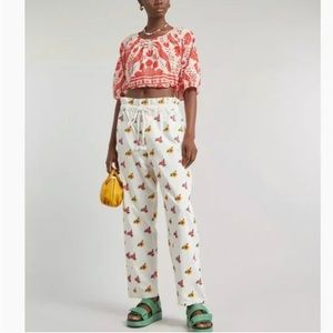 Farm Rio Mixed Cross Stitch Flowers Embroidered Pants in Off White Women's S